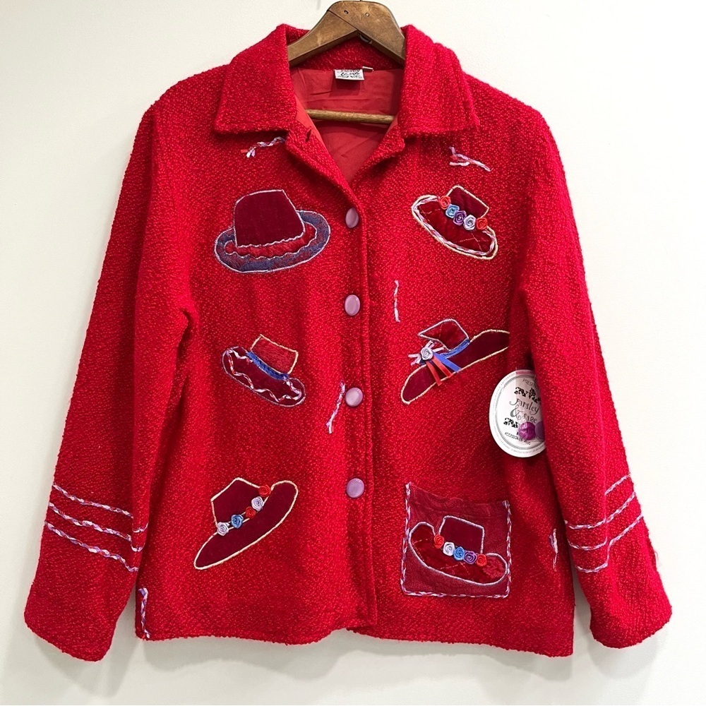 Parsley & Sage Red Hat Society Applique Jacket Button Front Long Sleeve Large